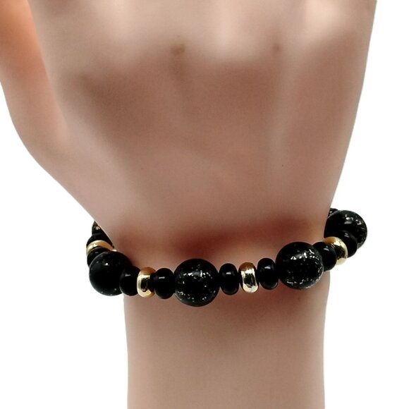 Black Beaded Stretch Bracelet with Gold Accents - Boho Chic Statement Jewelry - Picture 7 of 11